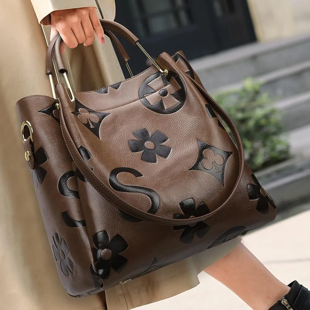 Floral Embossed Tote Bag,Bucket Purse Top Handle Crossbody Clutch Large Vegan Leather Hobo Trendy Designer Handbag for Women