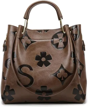 Floral Embossed Tote Bag,Bucket Purse Top Handle Crossbody Clutch Large Vegan Leather Hobo Trendy Designer Handbag for Women