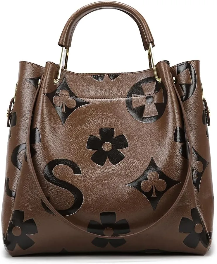 Floral Embossed Tote Bag,Bucket Purse Top Handle Crossbody Clutch Large Vegan Leather Hobo Trendy Designer Handbag for Women