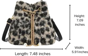 Fluffy Fuzzy Leopard Print Purse for Women Small Faux Fur Bucket Purses with Gold Chain and Pearl Details