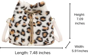 Fluffy Fuzzy Leopard Print Purse for Women Small Faux Fur Bucket Purses with Gold Chain and Pearl Details
