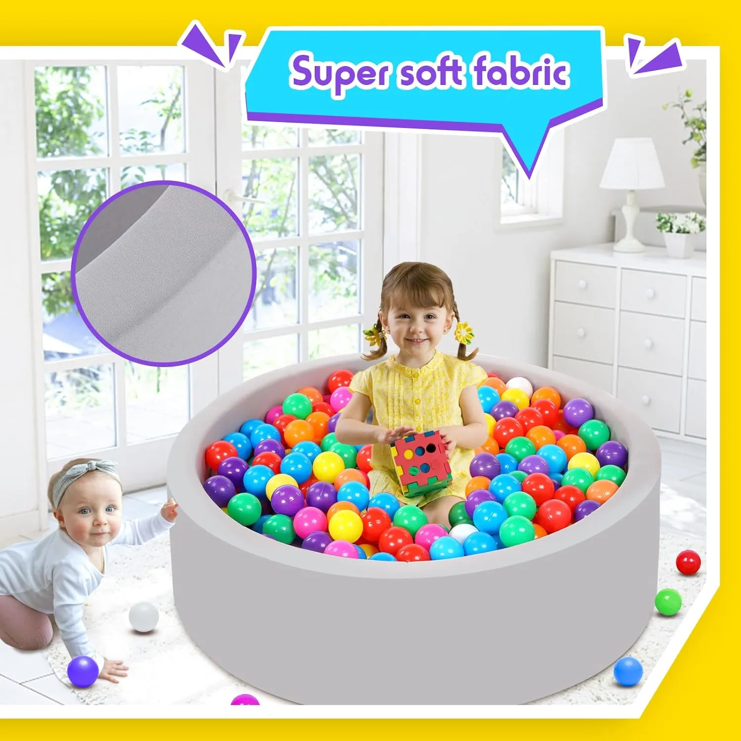 Foam Ball Pit for Toddlers with 200 Balls, Large Baby Ball Pit for Babies with Soft Memory Sponge, Indoor Outdoor Baby Playpen, Kids Play Ball Pool, Gift Toys for Infants Boys and Girls