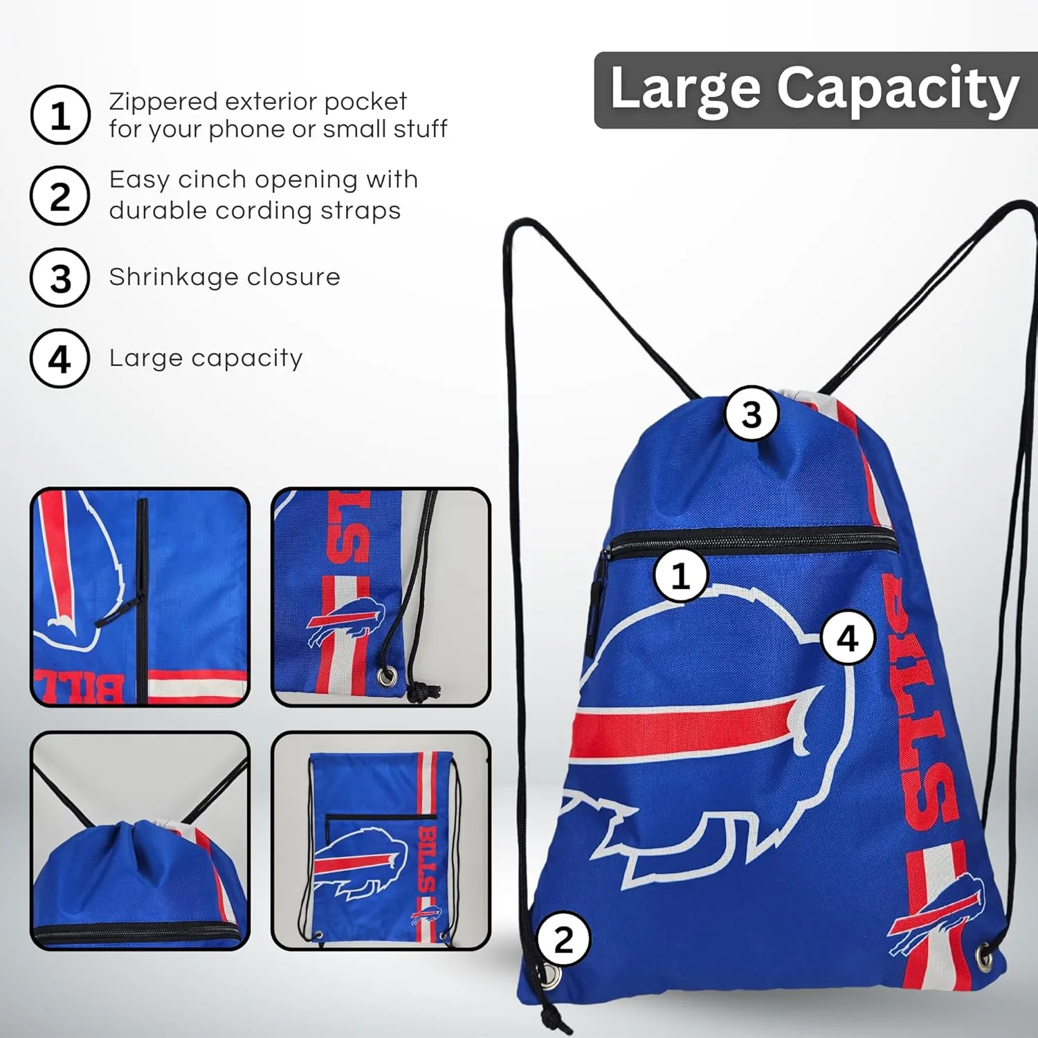FOCO Buffalo Bills Big Logo Drawstring Backpack with Zippered Pocket – Limited Edition Bills Bag – NFL Gear – Show Your Team Spirit with Officially Licensed Baltimore Ravens Fan Gear