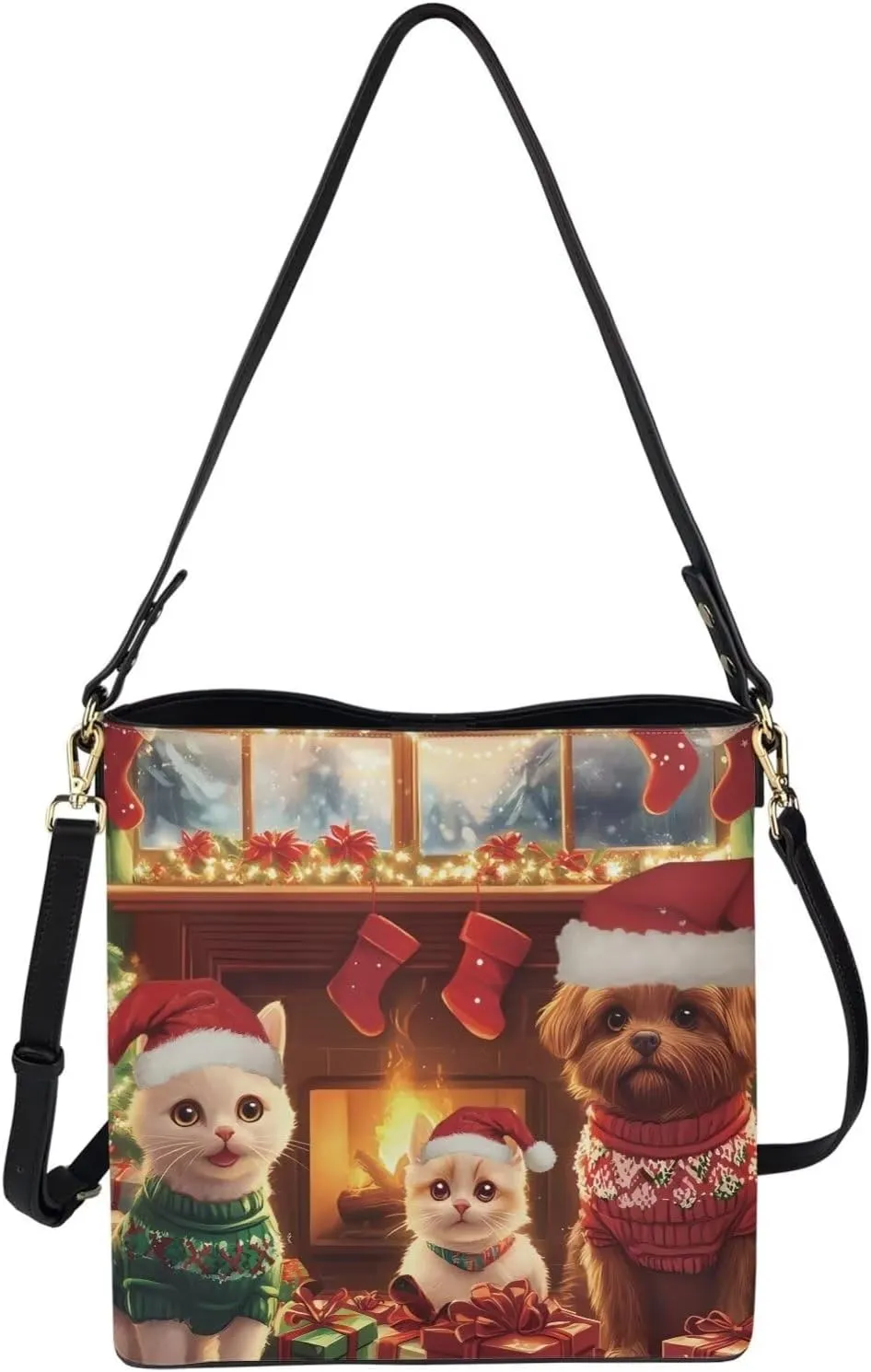 FOR U DESIGNS Bucket Bags for Women PU Leather Christmas Crossbody Bag with Adjustable Strap Cute Shoulder Bag