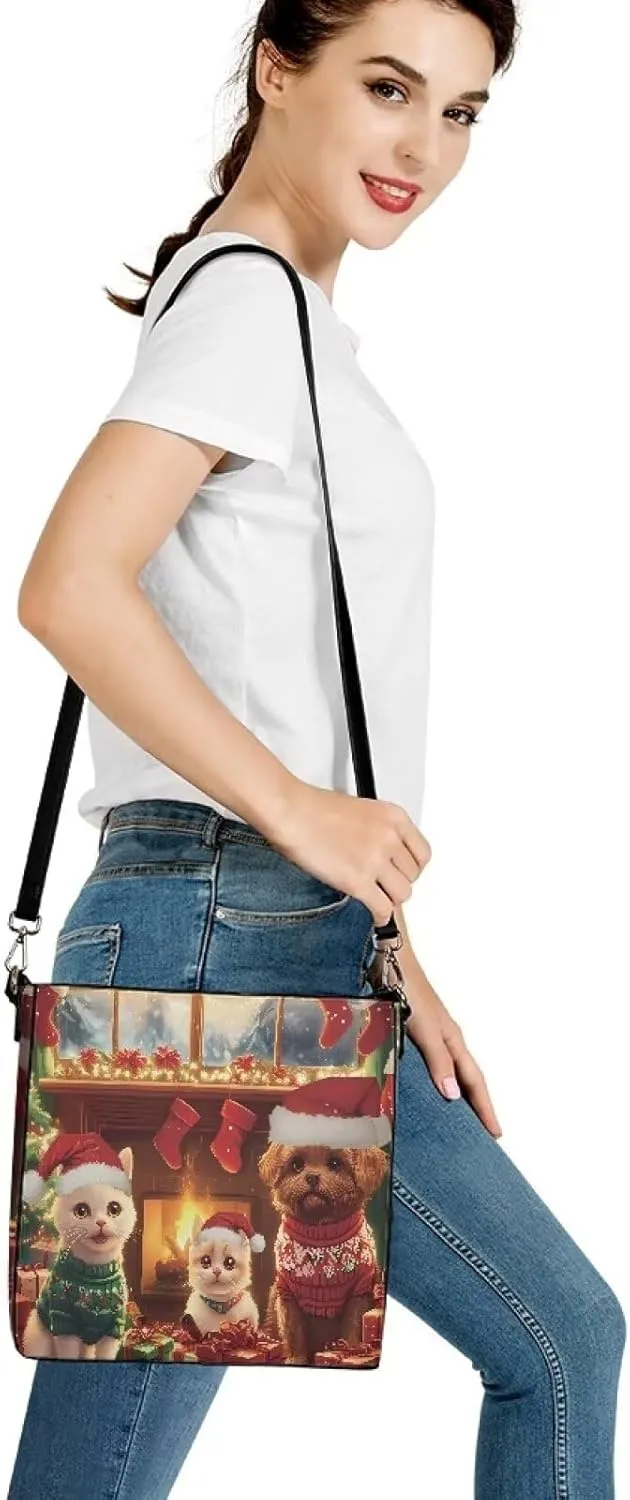 FOR U DESIGNS Bucket Bags for Women PU Leather Christmas Crossbody Bag with Adjustable Strap Cute Shoulder Bag
