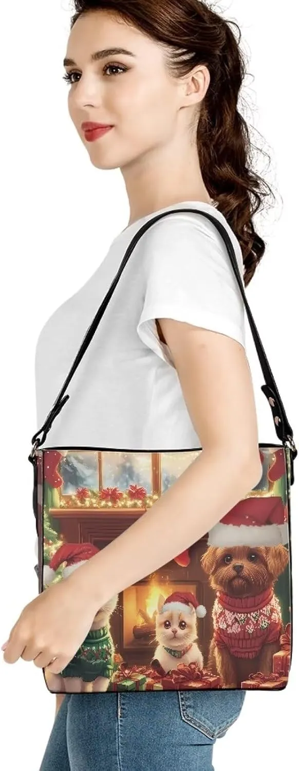 FOR U DESIGNS Bucket Bags for Women PU Leather Christmas Crossbody Bag with Adjustable Strap Cute Shoulder Bag