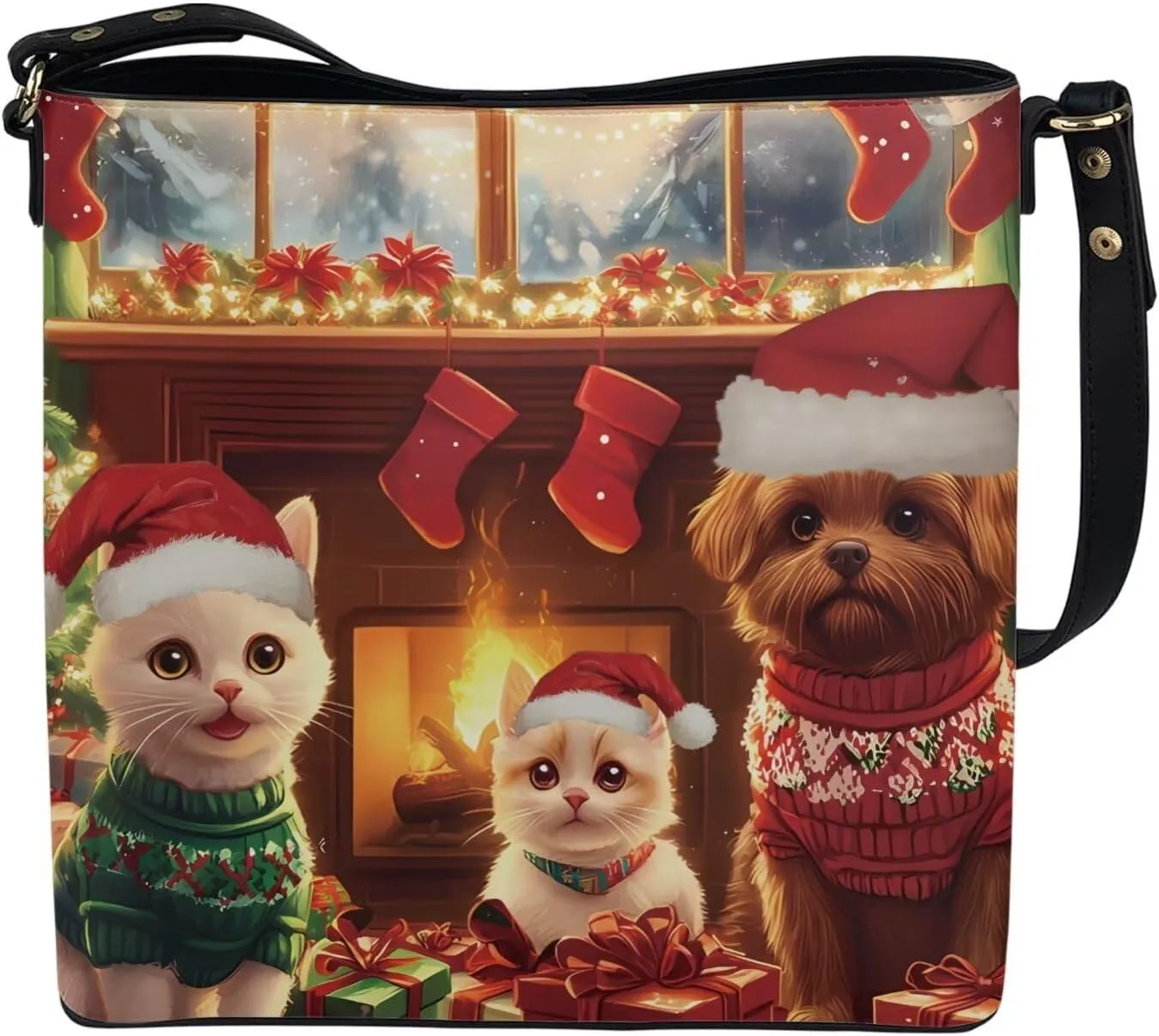 FOR U DESIGNS Bucket Bags for Women PU Leather Christmas Crossbody Bag with Adjustable Strap Cute Shoulder Bag