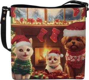 FOR U DESIGNS Bucket Bags for Women PU Leather Christmas Crossbody Bag with Adjustable Strap Cute Shoulder Bag