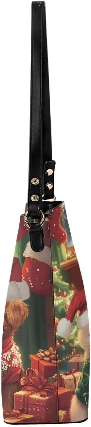 FOR U DESIGNS Bucket Bags for Women PU Leather Christmas Crossbody Bag with Adjustable Strap Cute Shoulder Bag