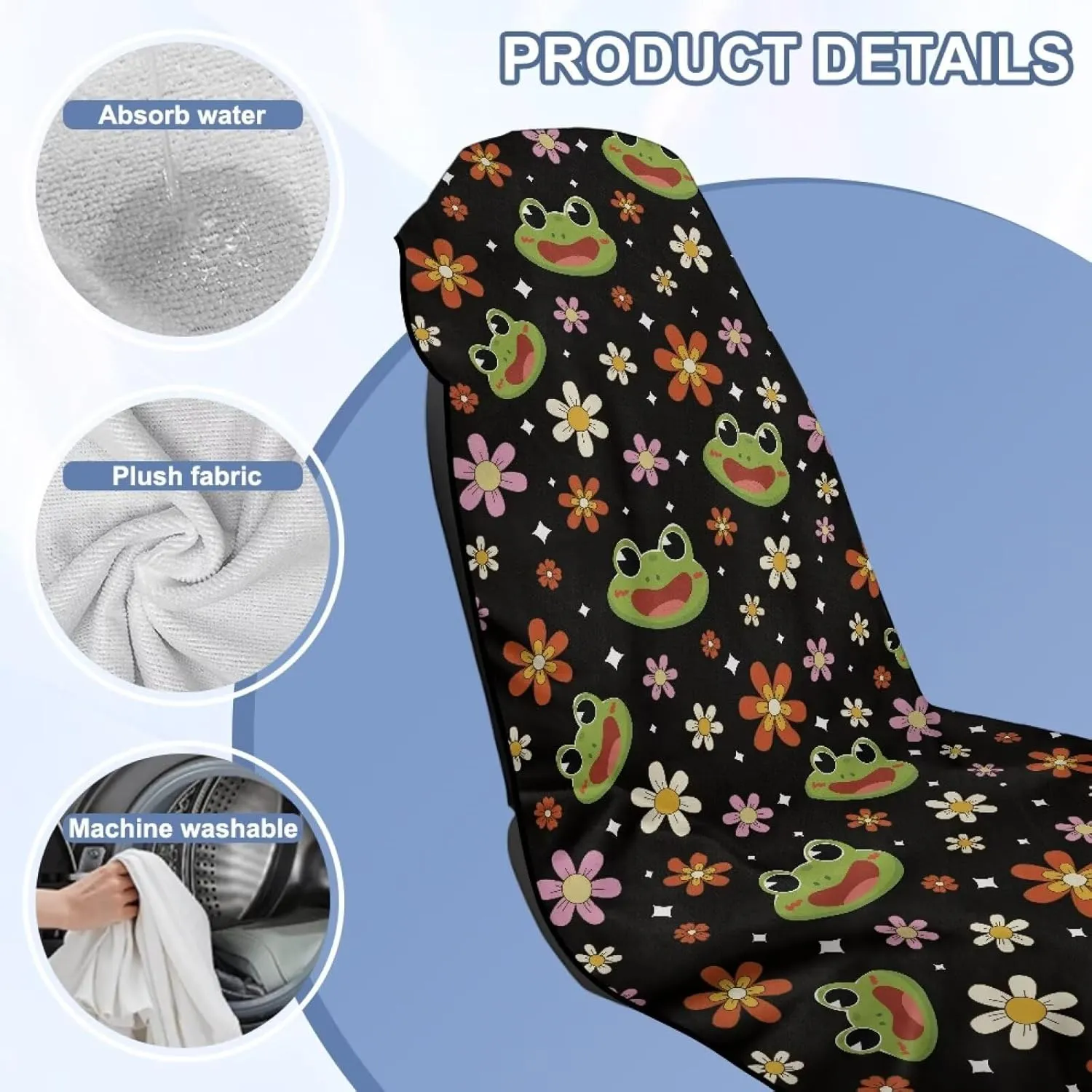 Frog Flower Sweat Towel Auto Car Seat Cover Protector Machine Washable Fit Yoga Running Crossfit Athletes Beach Swimming Outdoor Sports Universal Bucket Seat Protector