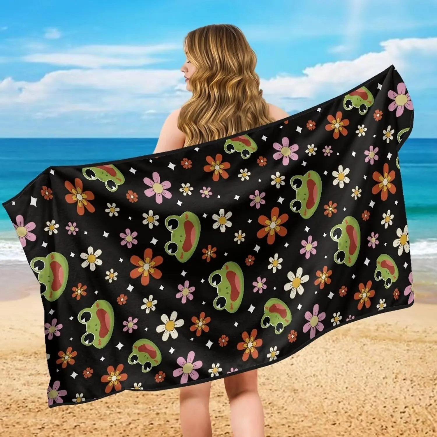 Frog Flower Sweat Towel Auto Car Seat Cover Protector Machine Washable Fit Yoga Running Crossfit Athletes Beach Swimming Outdoor Sports Universal Bucket Seat Protector