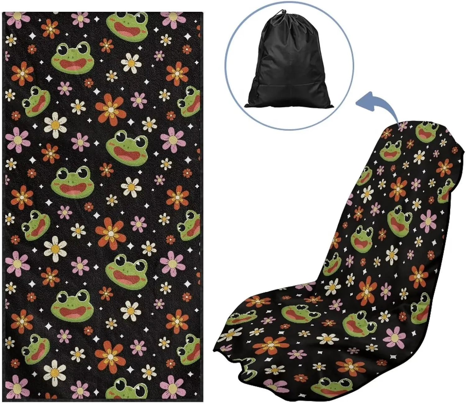 Frog Flower Sweat Towel Auto Car Seat Cover Protector Machine Washable Fit Yoga Running Crossfit Athletes Beach Swimming Outdoor Sports Universal Bucket Seat Protector