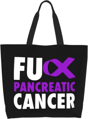 Fuck Pancreatic Cancer Canvas Tote Bags for Women, Ladies Shoulder Handbags Large Purse Lightweight Foldable Reusable Shopping Bag with Pockets for Work, Travel, 15.7x19.7in