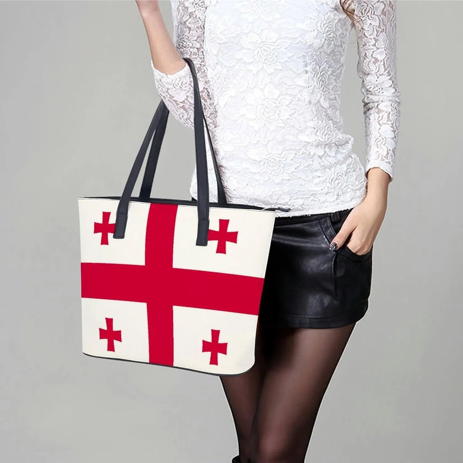 Functional Haiti-Flag Shoulder Tote Bag Women Zipper Leather for Daily Essentials