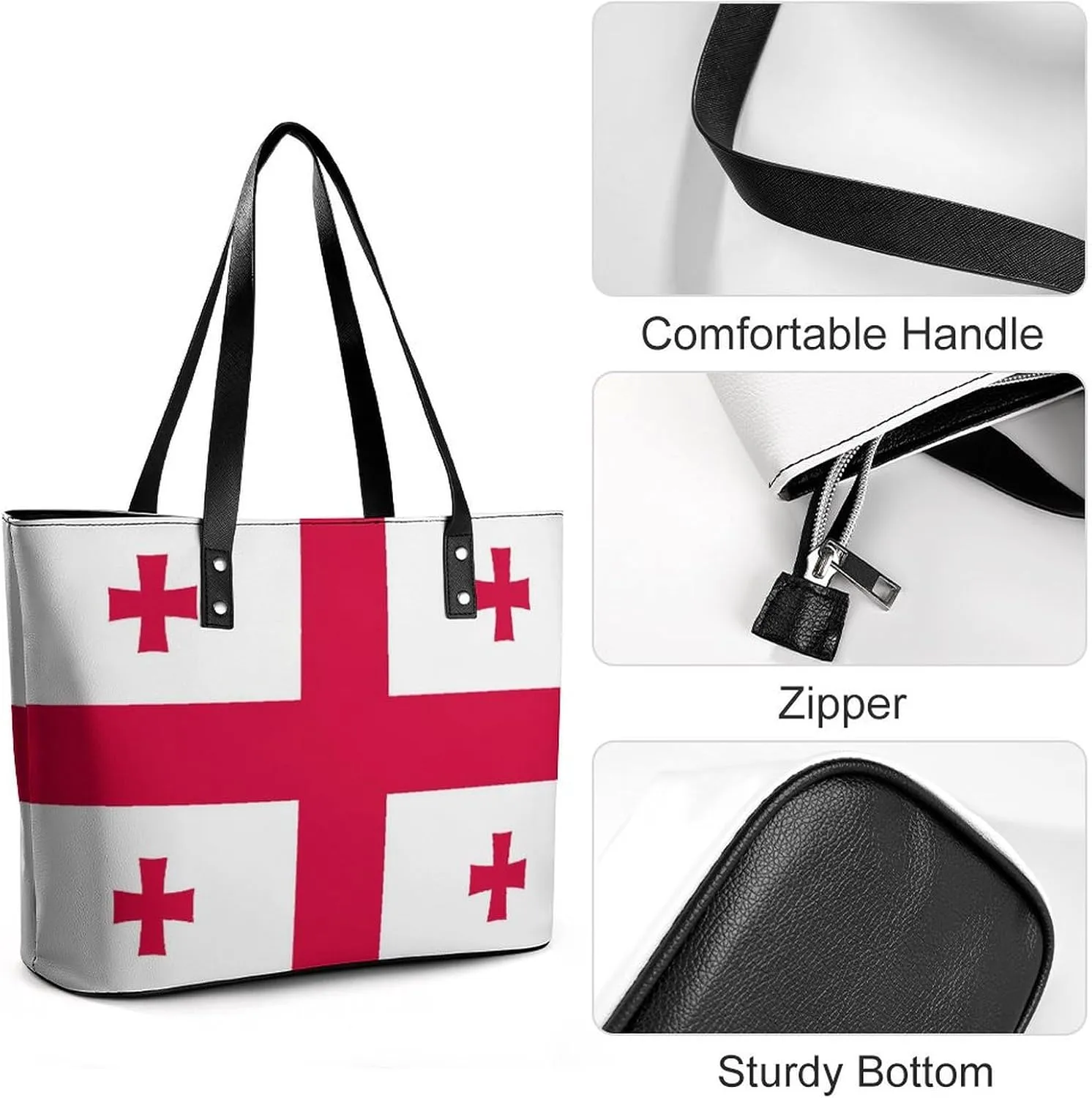 Functional Haiti-Flag Shoulder Tote Bag Women Zipper Leather for Daily Essentials