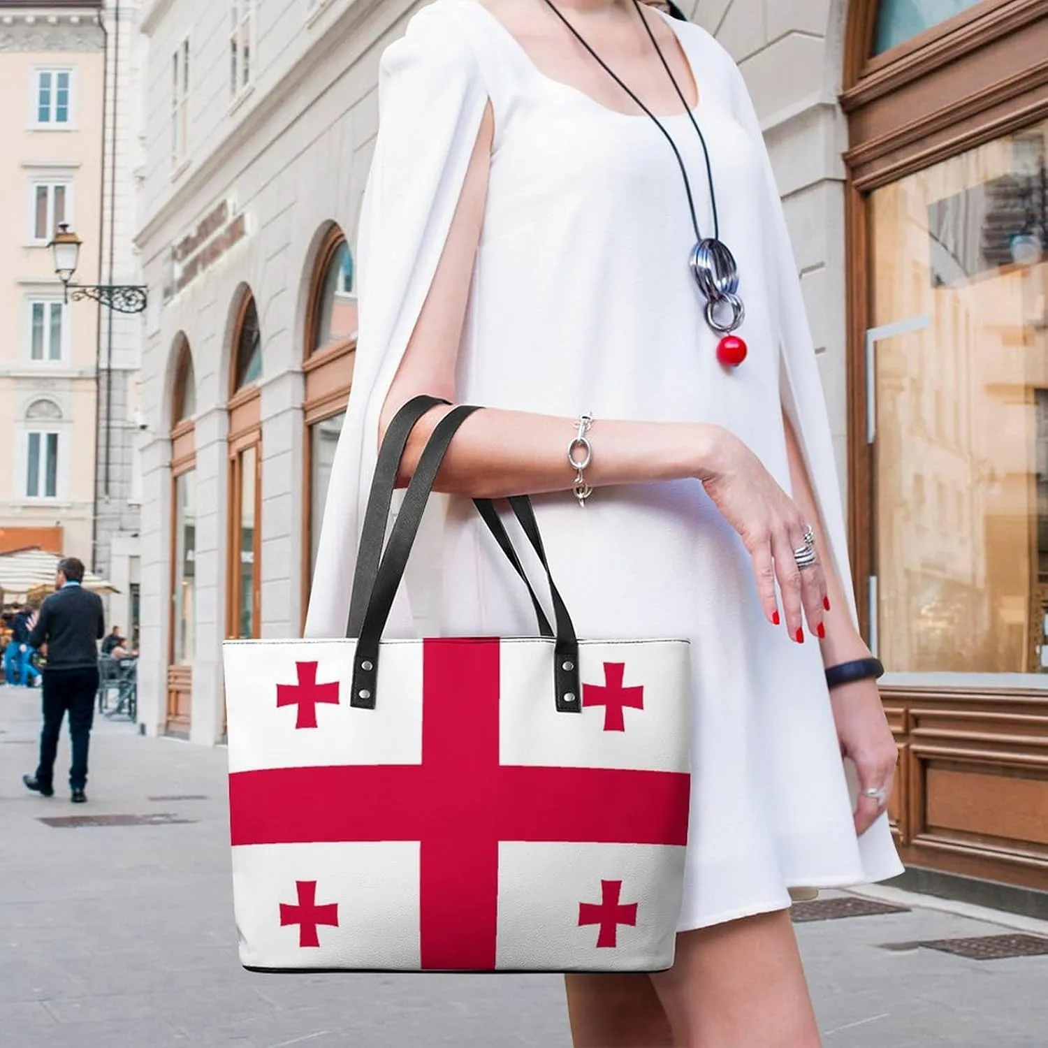 Functional Haiti-Flag Shoulder Tote Bag Women Zipper Leather for Daily Essentials