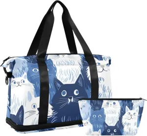 Funny Turkish Angora Cats Navy Blue_1 Oversized Travel Duffel Bag Weekender/Overnight Duffel with Toiletry Bag for Yoga 2 Pcs Set