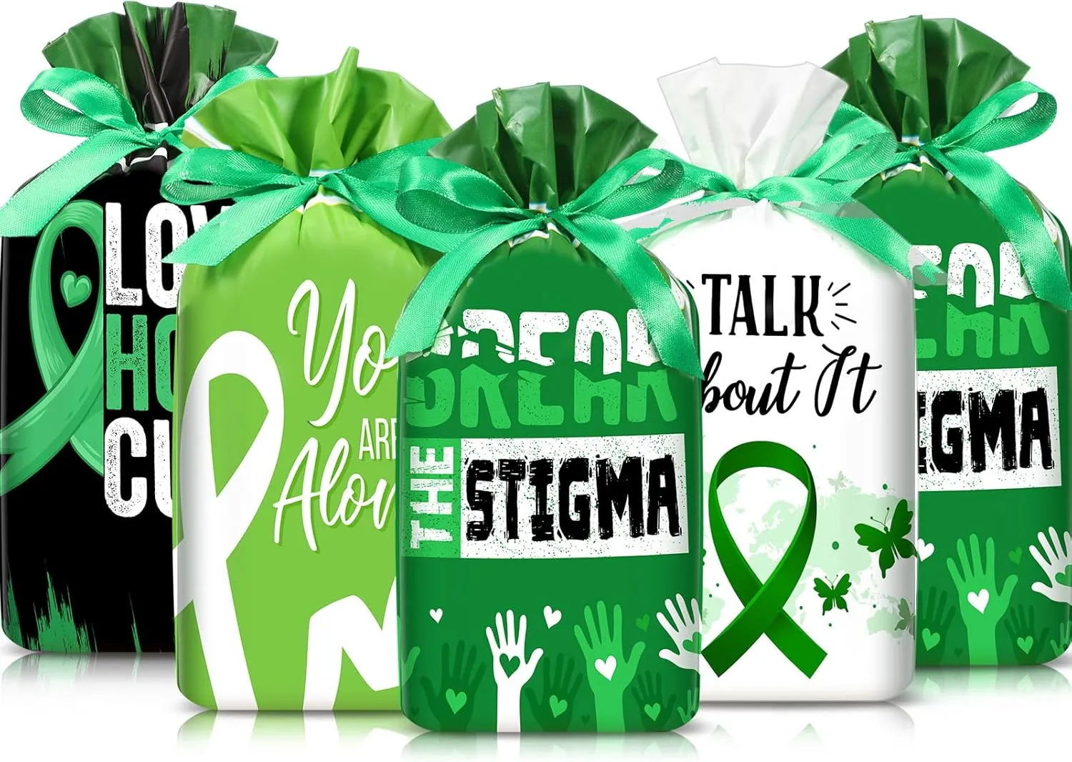 Funrous 48 Pcs Mental Health Gift Bags with Built-in Drawstring 6 x 9 Inch Plastic Merchandise Store Pocket Green Goodie Bags for Mental Health Awareness Party Favor Gift Wrapping Retail Shopping
