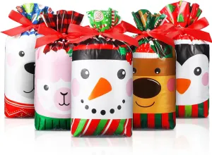 Funrous 50 Pieces Christmas Candy Treat Bags Bulk Plastic Xmas Drawstring Gifts Bag Elk Snowman Penguin Christmas Party Favors Bags for Kids Winter Holiday Goodies Cookies Wrapping Supplies, 5 Styles