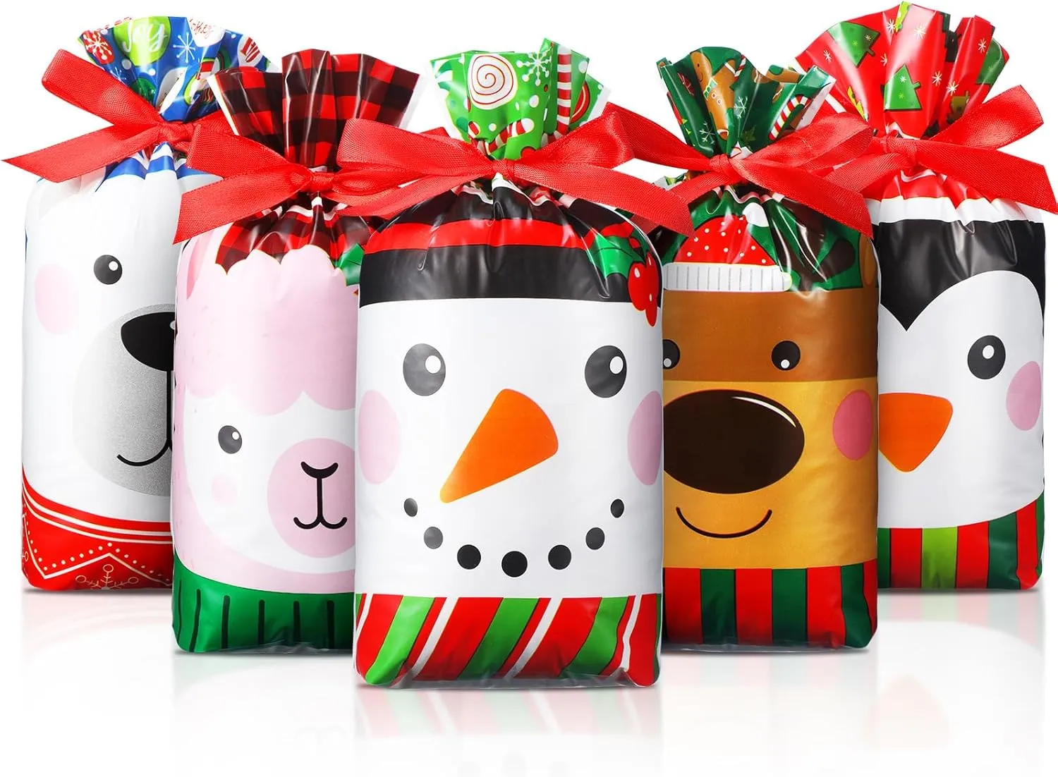 Funrous 50 Pieces Christmas Candy Treat Bags Bulk Plastic Xmas Drawstring Gifts Bag Elk Snowman Penguin Christmas Party Favors Bags for Kids Winter Holiday Goodies Cookies Wrapping Supplies, 5 Styles