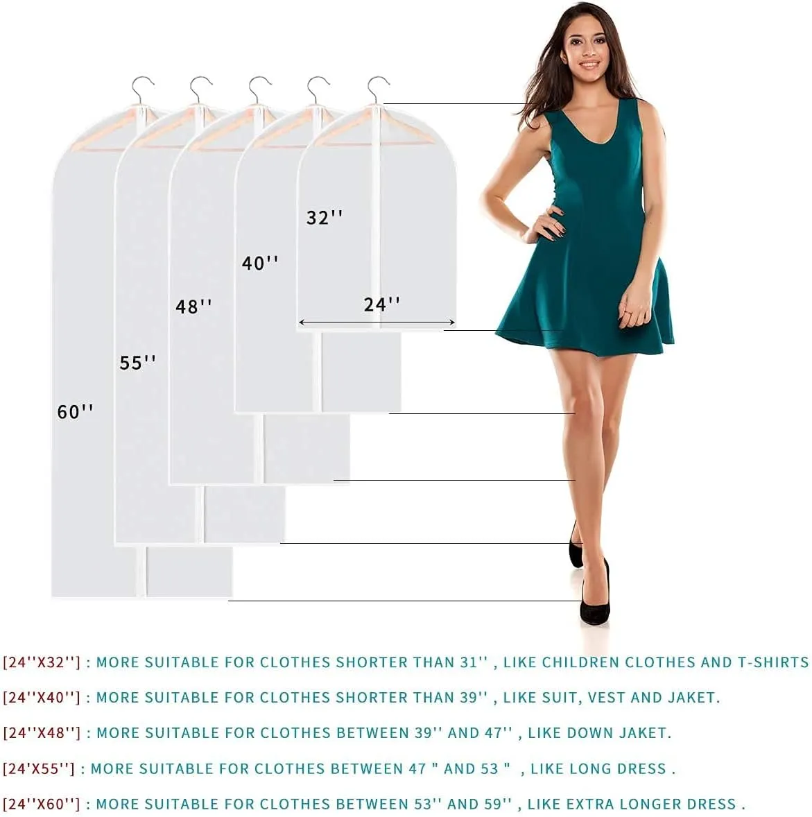 Garment Bags for Hanging Clothes, 6 PCs All Clear Garment Bag, Plastic Dustproof Suit Bag, Coat Protector Zippered Garment Covers for Closet Storage and Travel - 24'' x 32''/6 Pack