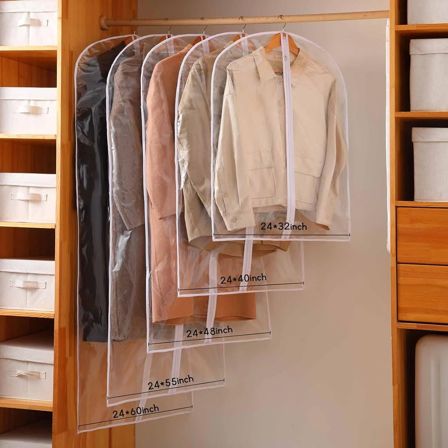 Garment Bags for Hanging Clothes, 6 PCs All Clear Garment Bag, Plastic Dustproof Suit Bag, Coat Protector Zippered Garment Covers for Closet Storage and Travel - 24'' x 32''/6 Pack