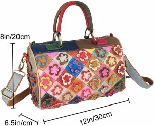 Genuine Leather Boston Bags for Women 3D Floral Top Handle Handbags Purses Satchel Shoulder Crossbody Bag Tote Bag