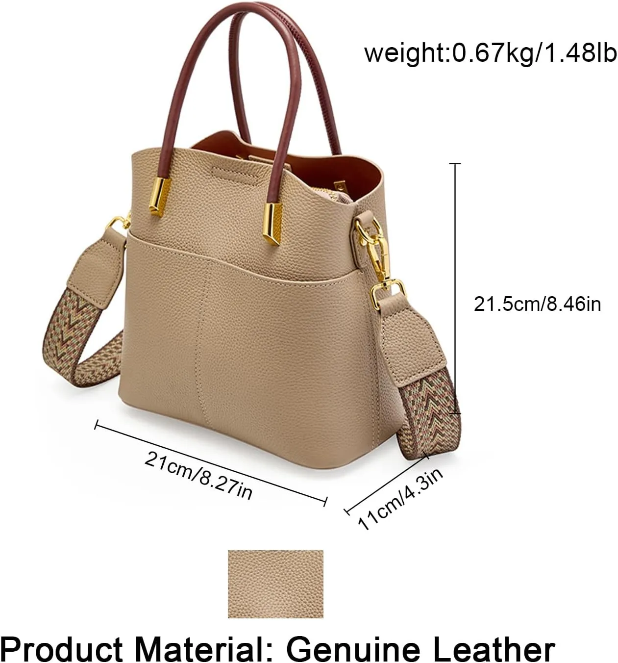 Genuine Leather Bucket Bag for Women, Top-Handle Handbags, Bucket Purses for Women with Two Removable Straps