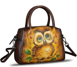 Genuine Leather Handbag for Women Hand Painted Top Handle Purse Retro Handmade Satchel Vintage Crossbody Hobo Bag
