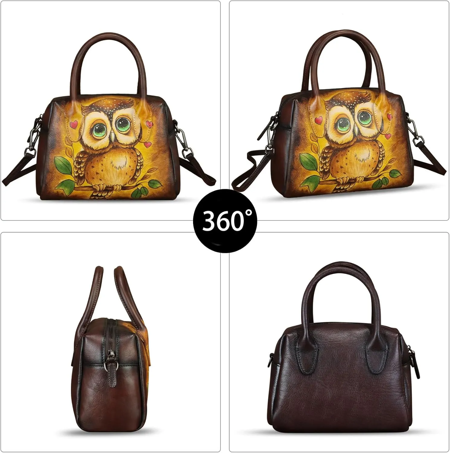 Genuine Leather Handbag for Women Hand Painted Top Handle Purse Retro Handmade Satchel Vintage Crossbody Hobo Bag