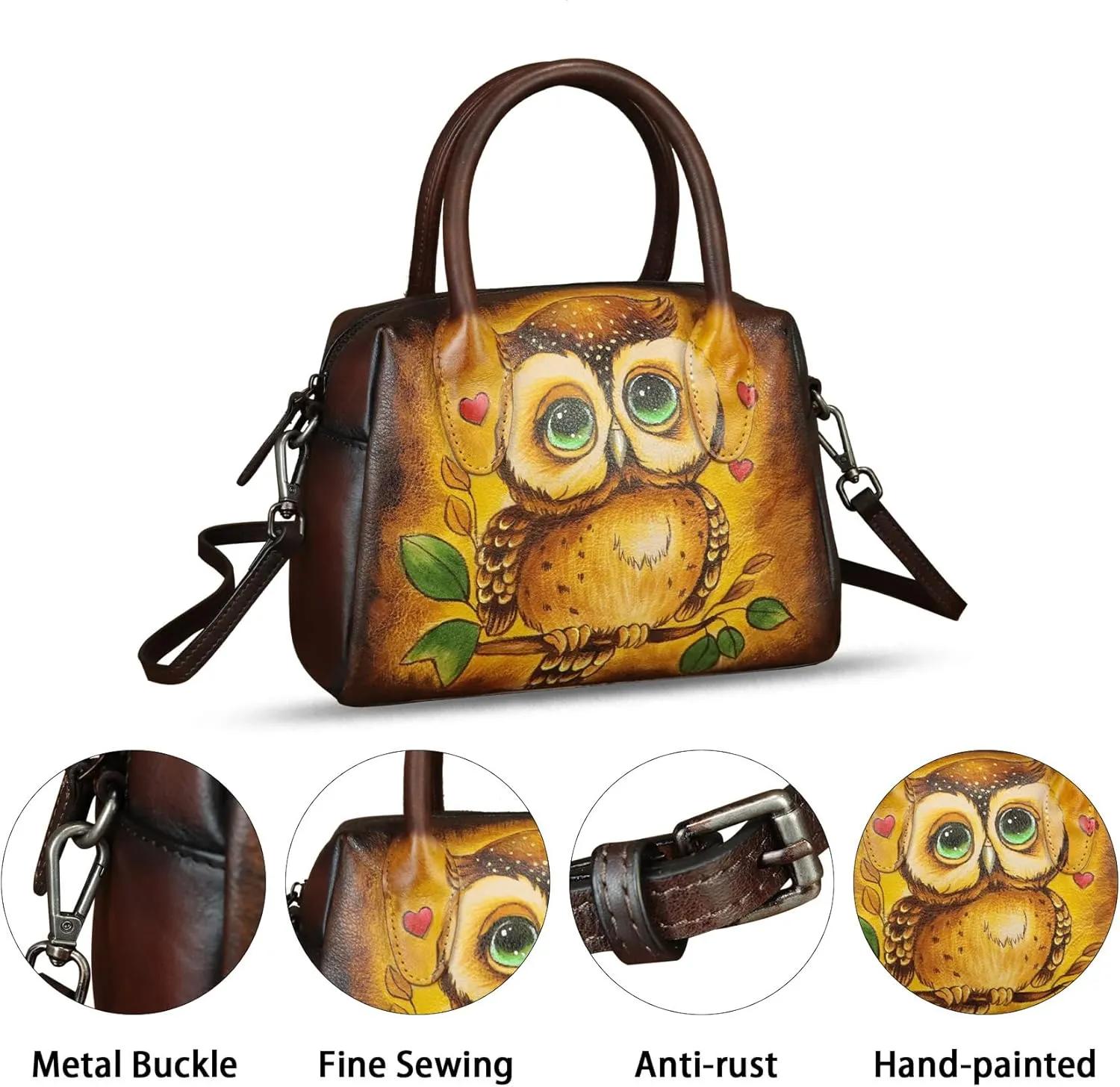 Genuine Leather Handbag for Women Hand Painted Top Handle Purse Retro Handmade Satchel Vintage Crossbody Hobo Bag