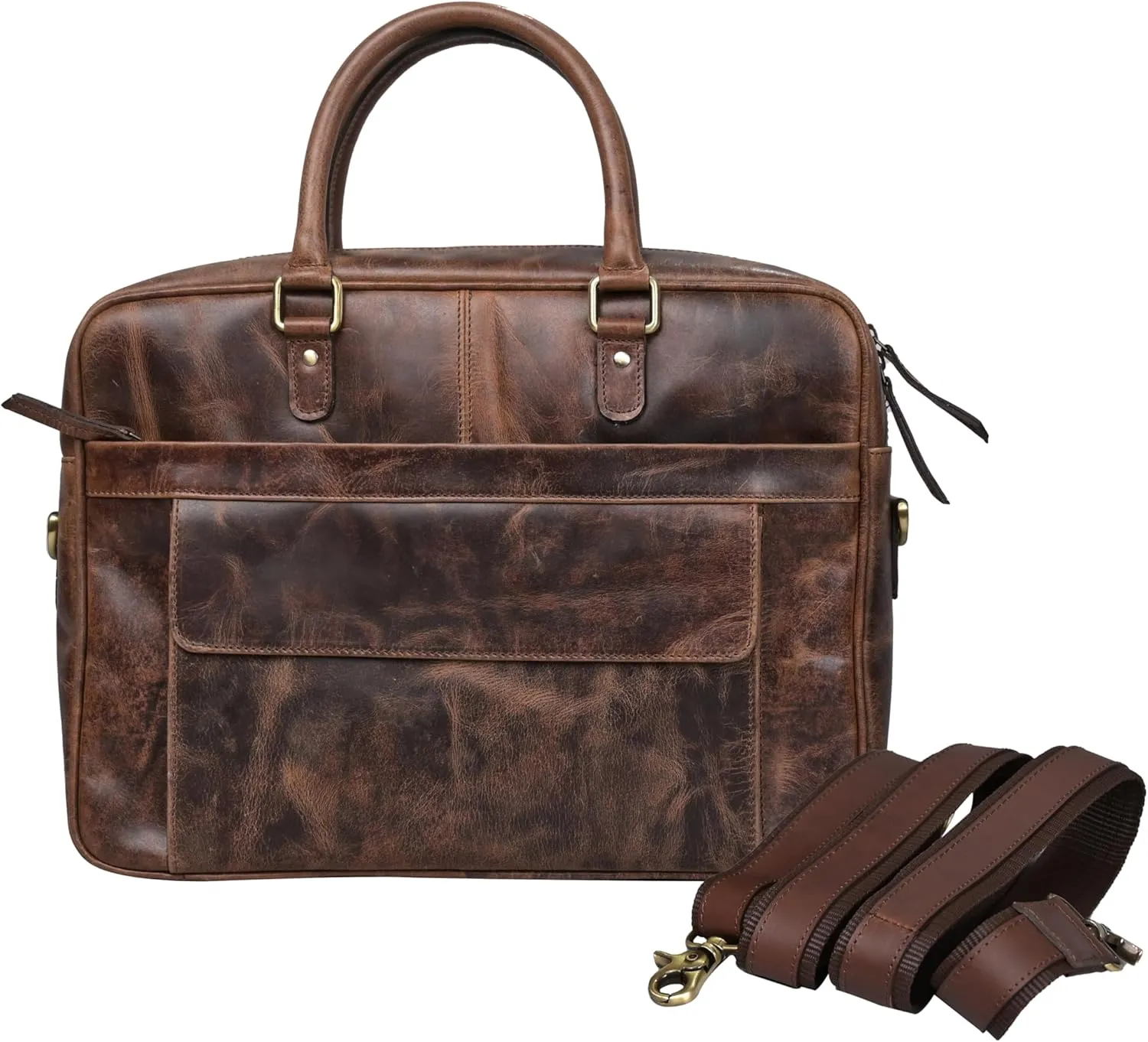 Genuine Leather Messenger Bag with Adjustable Strap for Men and Women Briefcase Laptop Satchel Office Crossbody - Brown