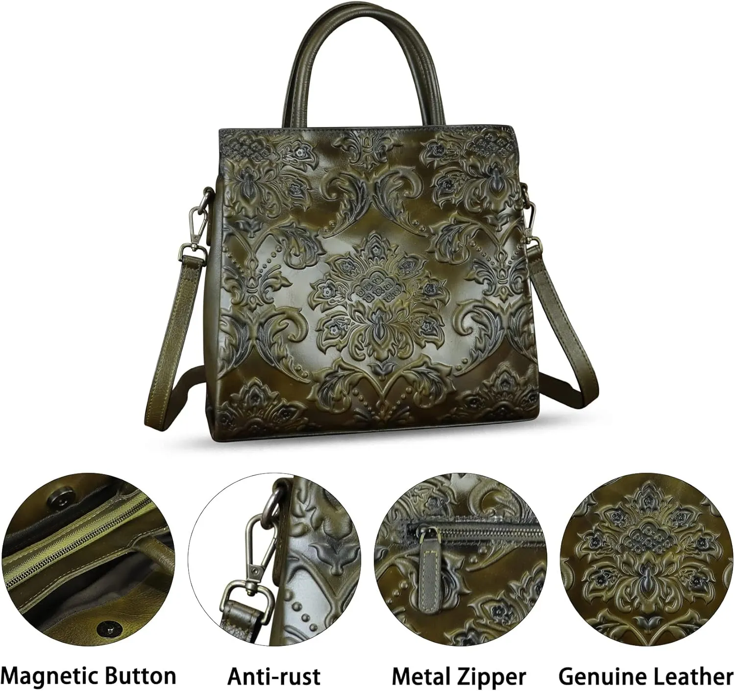 Genuine Leather Purses and Handbags for Women Vintage Embossed Leather Tote Bag Crossbody Shoulder Bag Satchel Bags