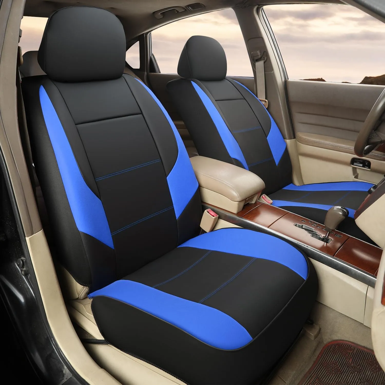 GIANT PANDA Front Seat Cover for Nissan, Leather Seat Protectors Custom Fit Nissan Rogue Altima Sentra Versa Kicks Frontier Murano Pathfinder Maxima (Blue Black)