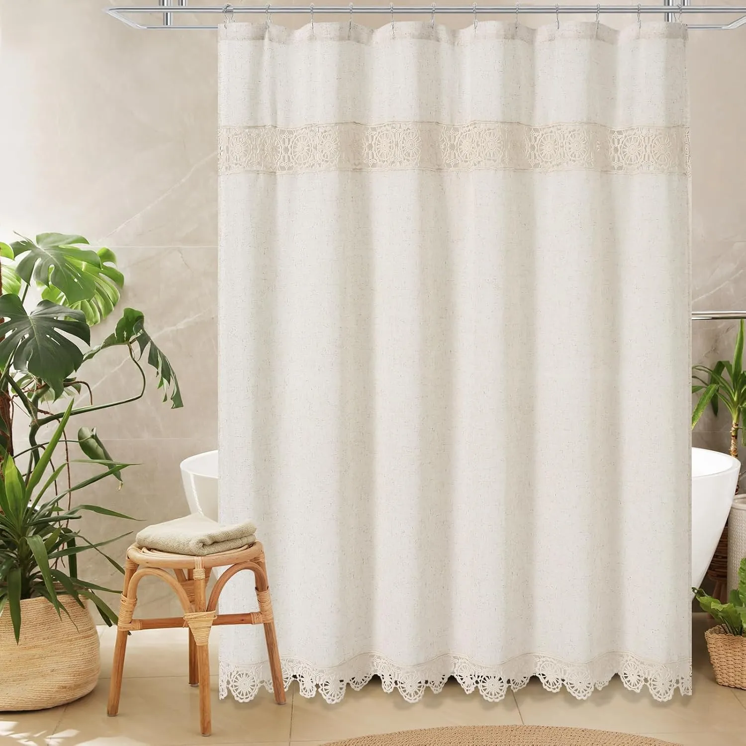 Gibelle Boho Farmhouse Shower Curtain Set, Linen Cotton Fabric Shower Curtain with Macrame Lace Decor, Modern Bohemian French Country Chic Bathroom Curtain with PEVA Liner 72x72 - Beige/Cream