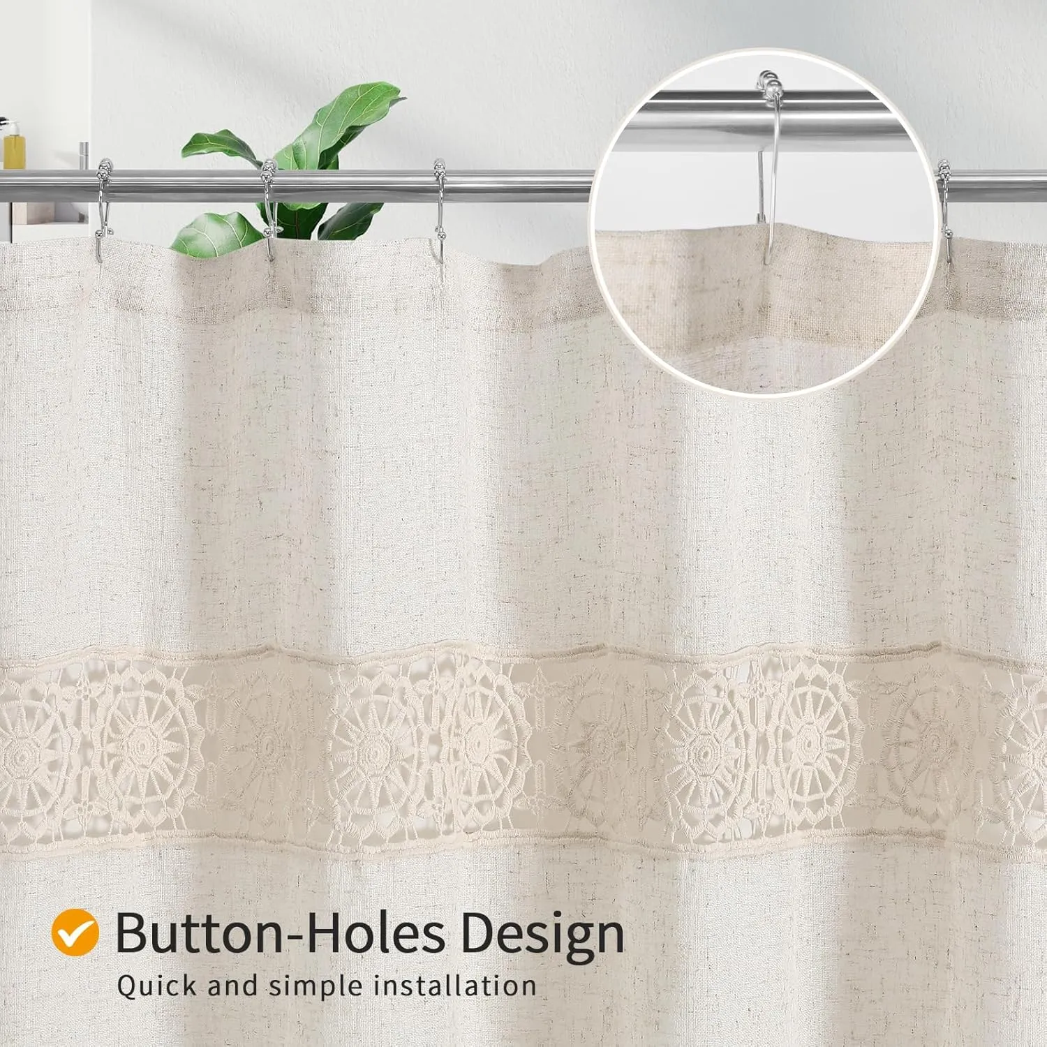 Gibelle Boho Farmhouse Shower Curtain Set, Linen Cotton Fabric Shower Curtain with Macrame Lace Decor, Modern Bohemian French Country Chic Bathroom Curtain with PEVA Liner 72x72 - Beige/Cream