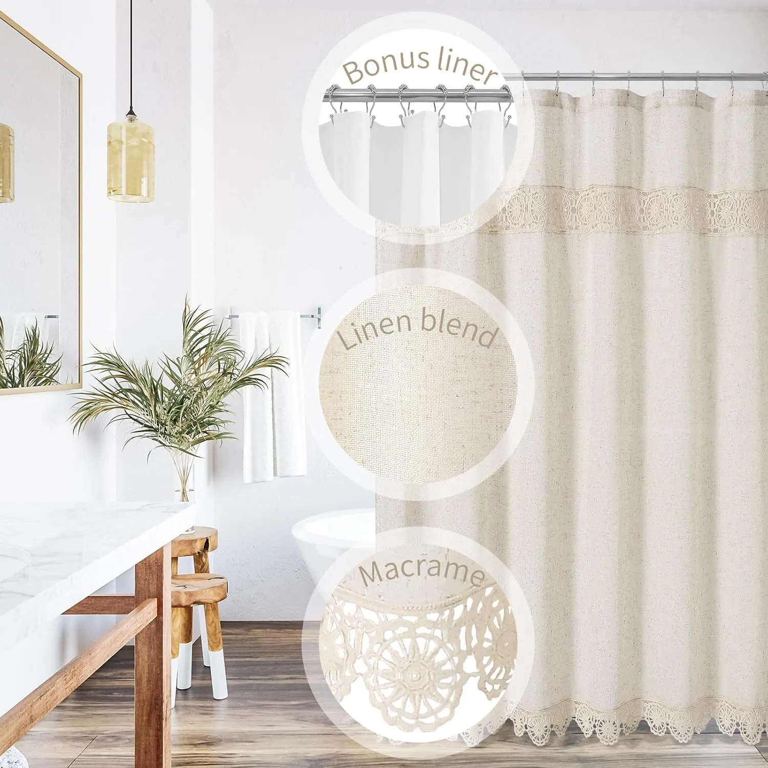 Gibelle Boho Farmhouse Shower Curtain Set, Linen Cotton Fabric Shower Curtain with Macrame Lace Decor, Modern Bohemian French Country Chic Bathroom Curtain with PEVA Liner 72x72 - Beige/Cream