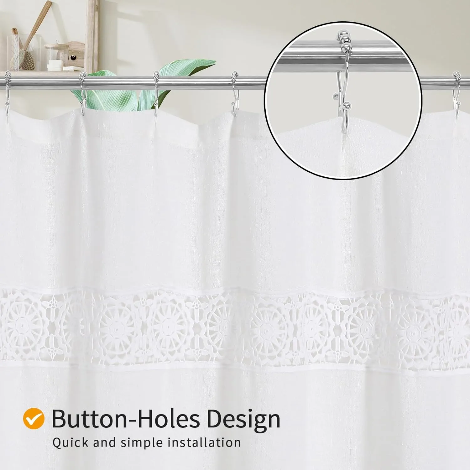 Gibelle Small Stall Boho Farmhouse Shower Curtain, Linen Cotton Fabric Shower Curtain with Macrame Lace Decor, Modern Bohemian French Country Chic Shower Curtain Set with PEVA Liner 36x72, White
