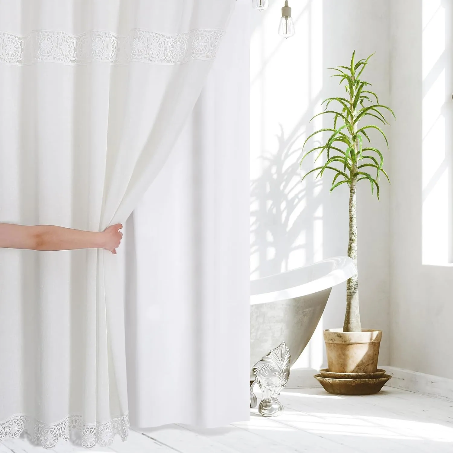 Gibelle Small Stall Boho Farmhouse Shower Curtain, Linen Cotton Fabric Shower Curtain with Macrame Lace Decor, Modern Bohemian French Country Chic Shower Curtain Set with PEVA Liner 36x72, White