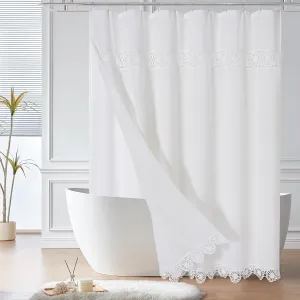 Gibelle Small Stall Boho Farmhouse Shower Curtain, Linen Cotton Fabric Shower Curtain with Macrame Lace Decor, Modern Bohemian French Country Chic Shower Curtain Set with PEVA Liner 36x72, White