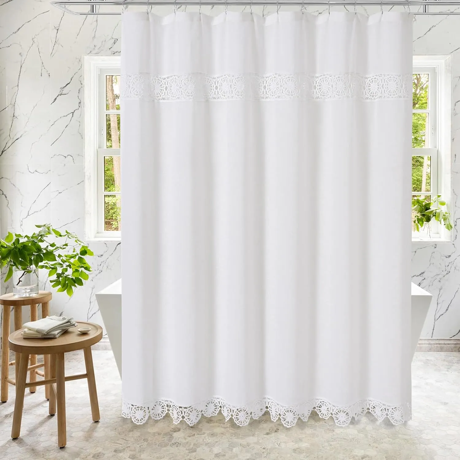 Gibelle Small Stall Boho Farmhouse Shower Curtain, Linen Cotton Fabric Shower Curtain with Macrame Lace Decor, Modern Bohemian French Country Chic Shower Curtain Set with PEVA Liner 36x72, White