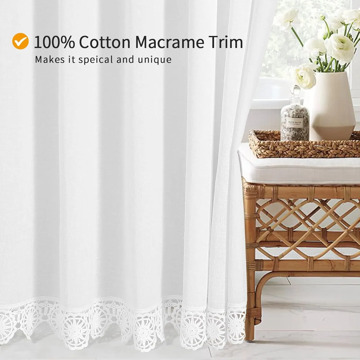 Gibelle Small Stall Boho Farmhouse Shower Curtain, Linen Cotton Fabric Shower Curtain with Macrame Lace Decor, Modern Bohemian French Country Chic Shower Curtain Set with PEVA Liner 36x72, White