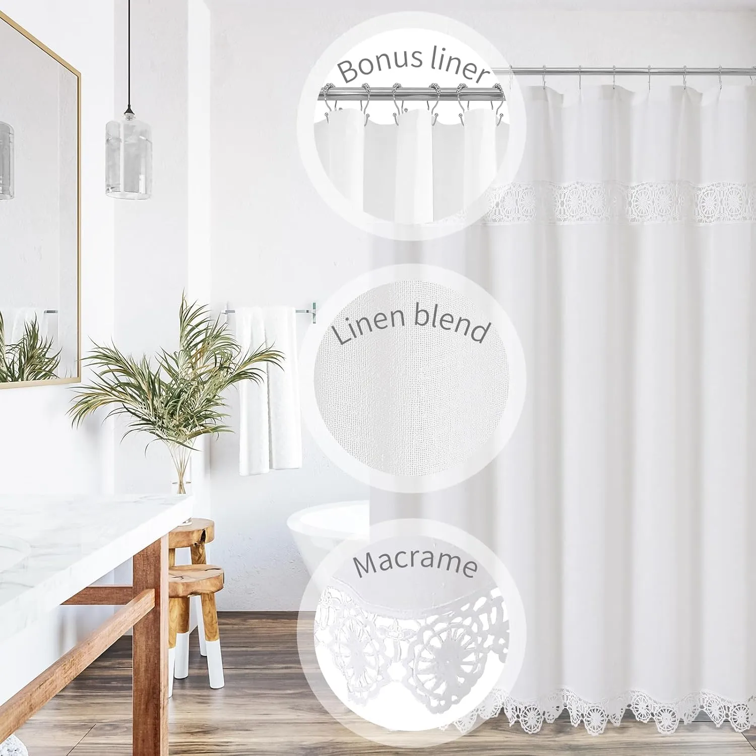 Gibelle Small Stall Boho Farmhouse Shower Curtain, Linen Cotton Fabric Shower Curtain with Macrame Lace Decor, Modern Bohemian French Country Chic Shower Curtain Set with PEVA Liner 36x72, White
