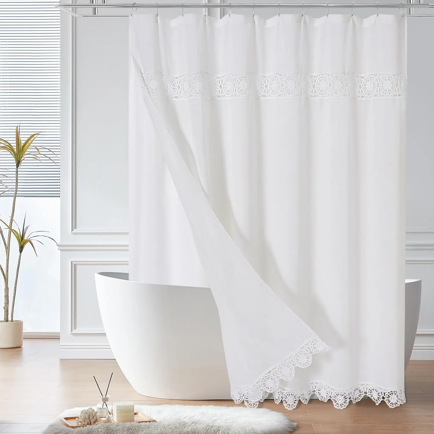 Gibelle Small Stall Boho Farmhouse Shower Curtain, Linen Cotton Fabric Shower Curtain with Macrame Lace Decor, Modern Bohemian French Country Chic Shower Curtain Set with PEVA Liner 36x72, White
