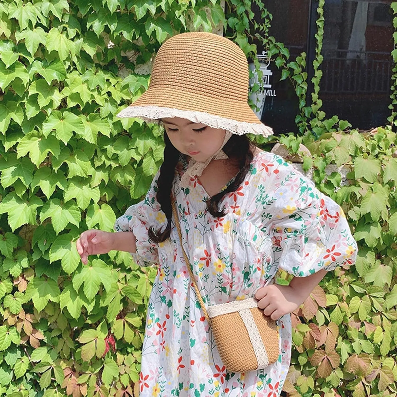 Girls Summer Straw Hat with Cross Body Bag Lovely Princess Buckst Hat Mini Purse Set Baby Girl Beach Sun Cap for Kids