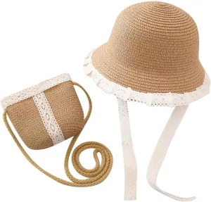 Girls Summer Straw Hat with Cross Body Bag Lovely Princess Buckst Hat Mini Purse Set Baby Girl Beach Sun Cap for Kids