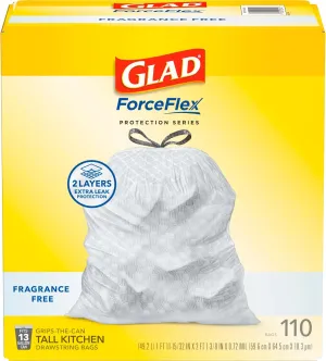 Glad ForceFlex Tall Kitchen Drawstring Trash Bags, 13 Gal, Fragrance Free, 110 Ct, Pack May Vary