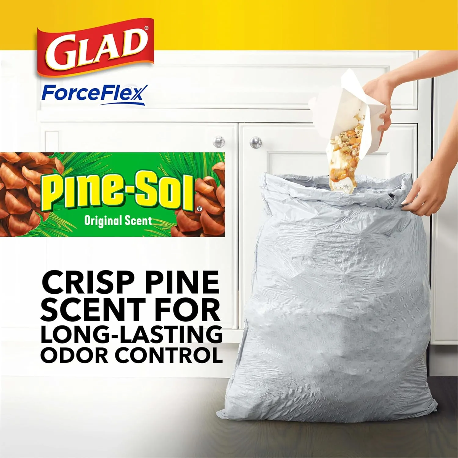 Glad ForceFlex Tall Kitchen Trash Bags, 13 Gal, Pine-Sol Original, 110 Ct (Package May Vary)