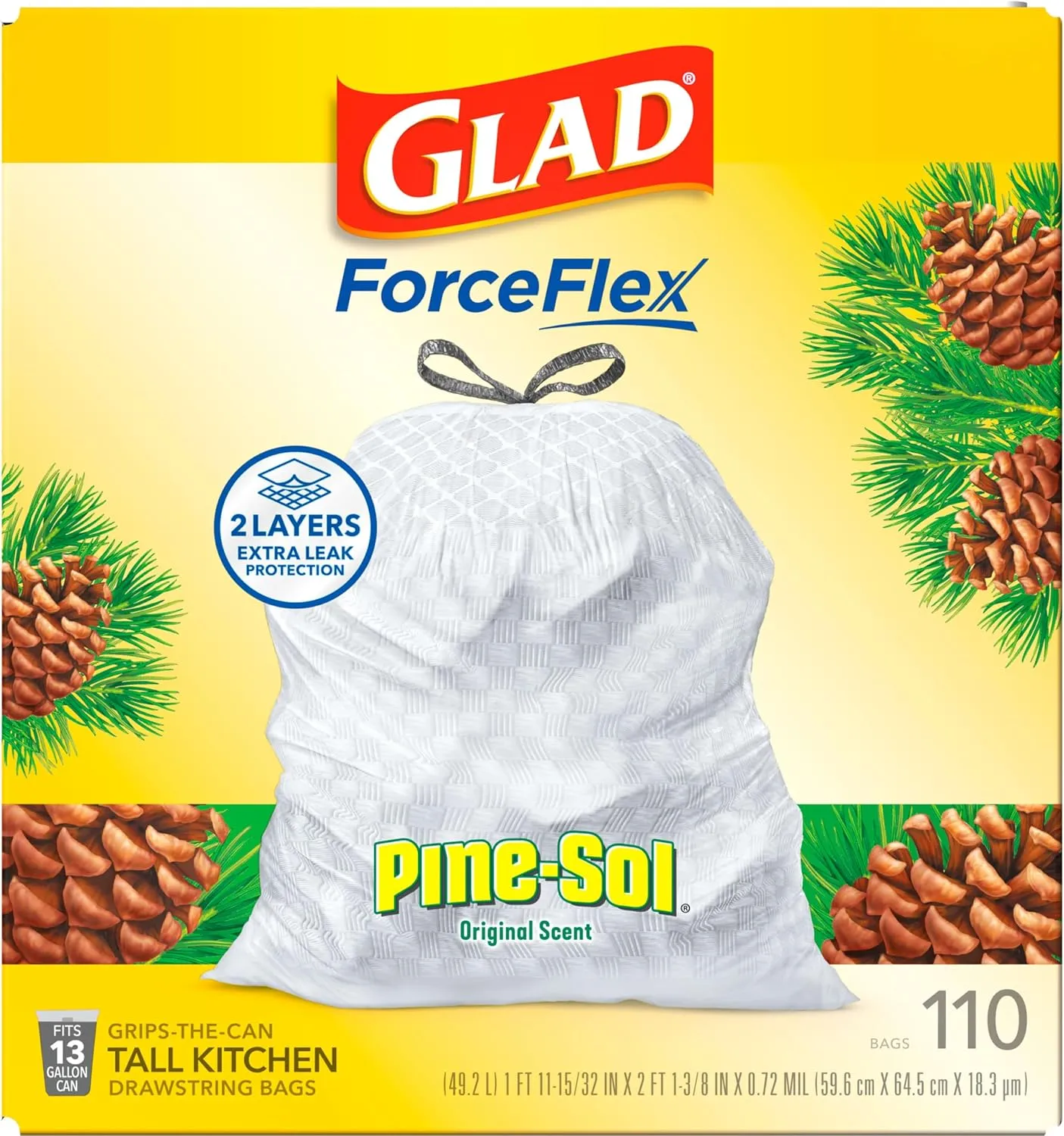 Glad ForceFlex Tall Kitchen Trash Bags, 13 Gal, Pine-Sol Original, 110 Ct (Package May Vary)
