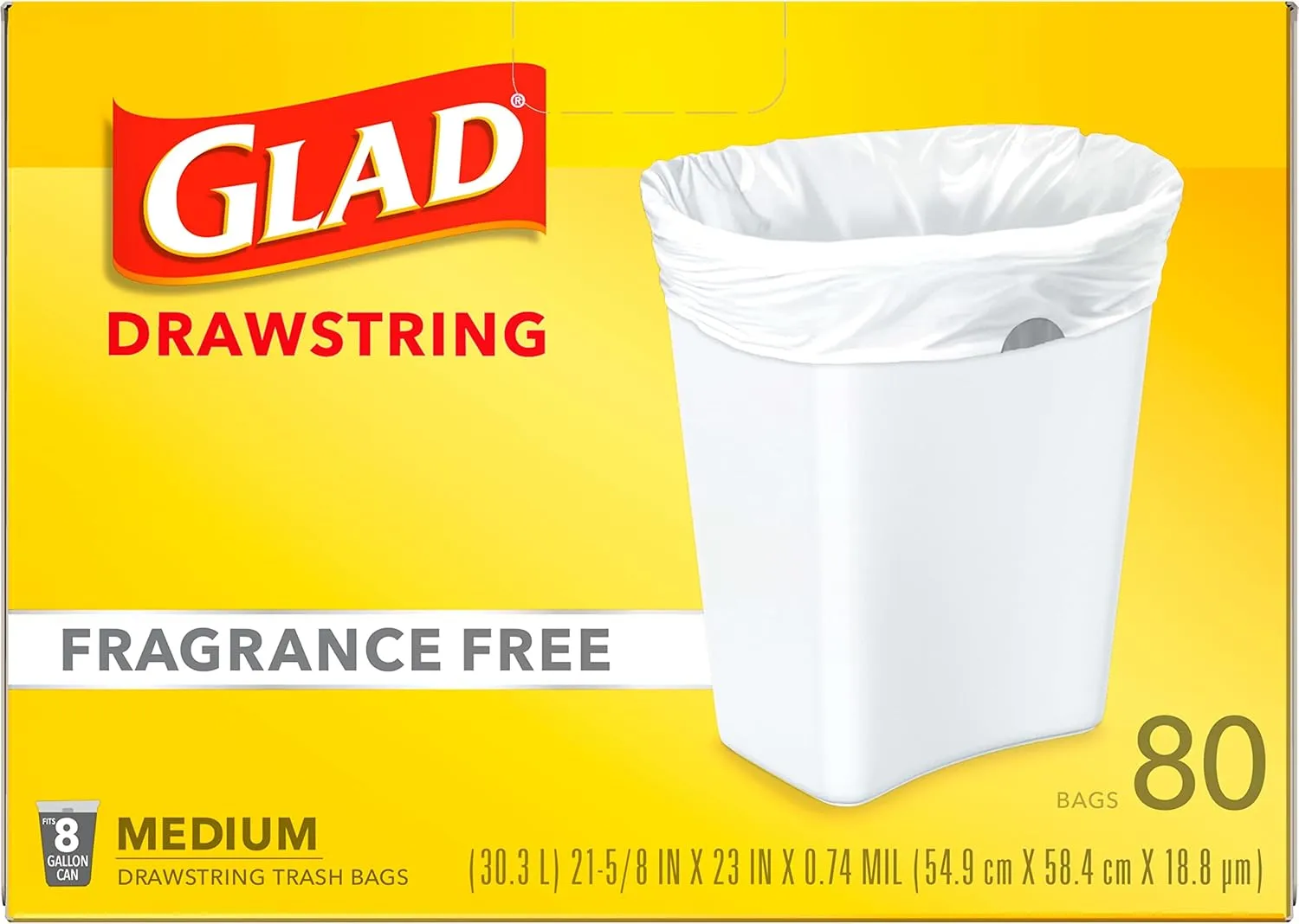Glad Medium Drawstring Trash Bags, 8 Gallon, White, Fragrance Free, 80 Count, Pack May Vary